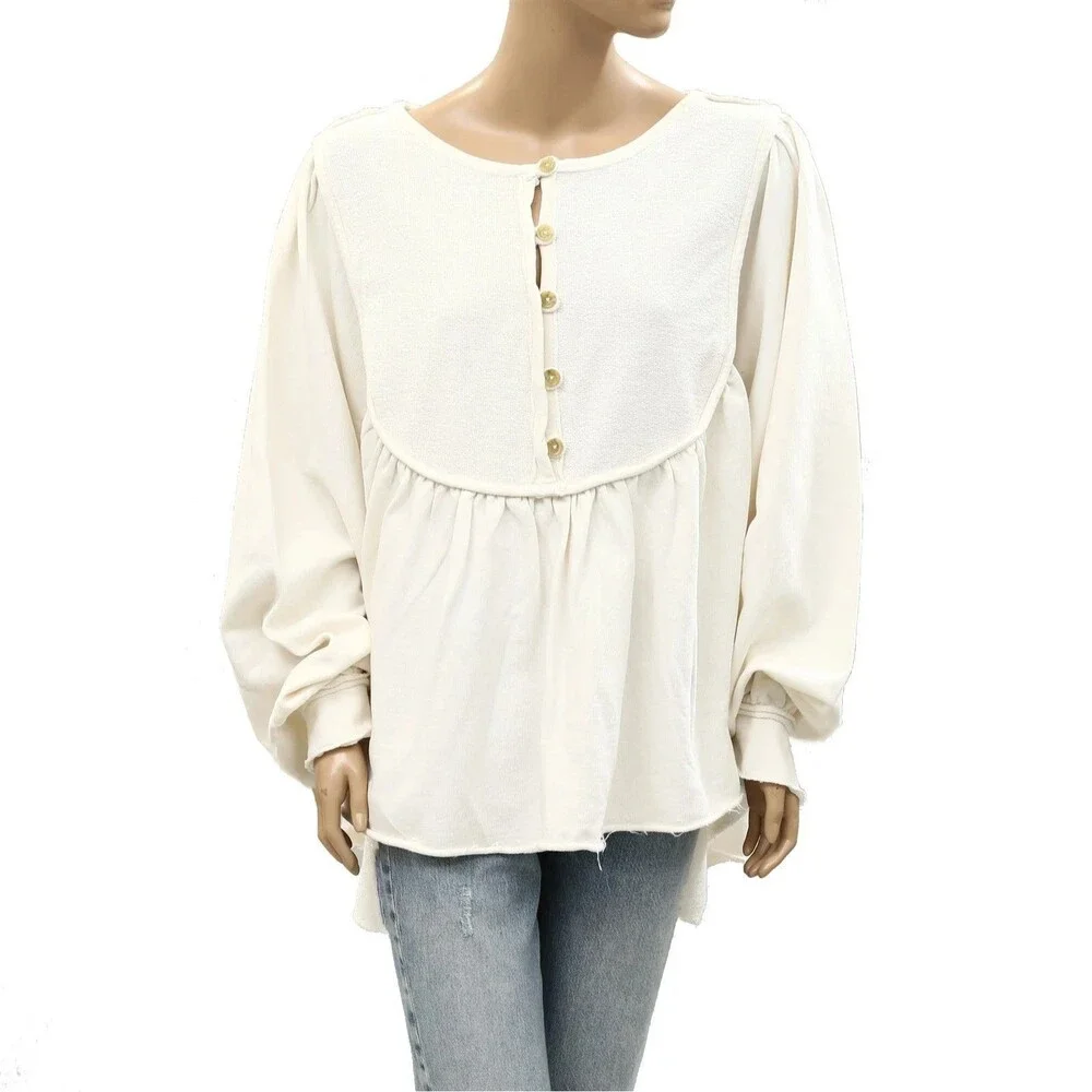 Free People About A Girl Pullover Sweatshirt Top Henley Flowy Cotton M 289539